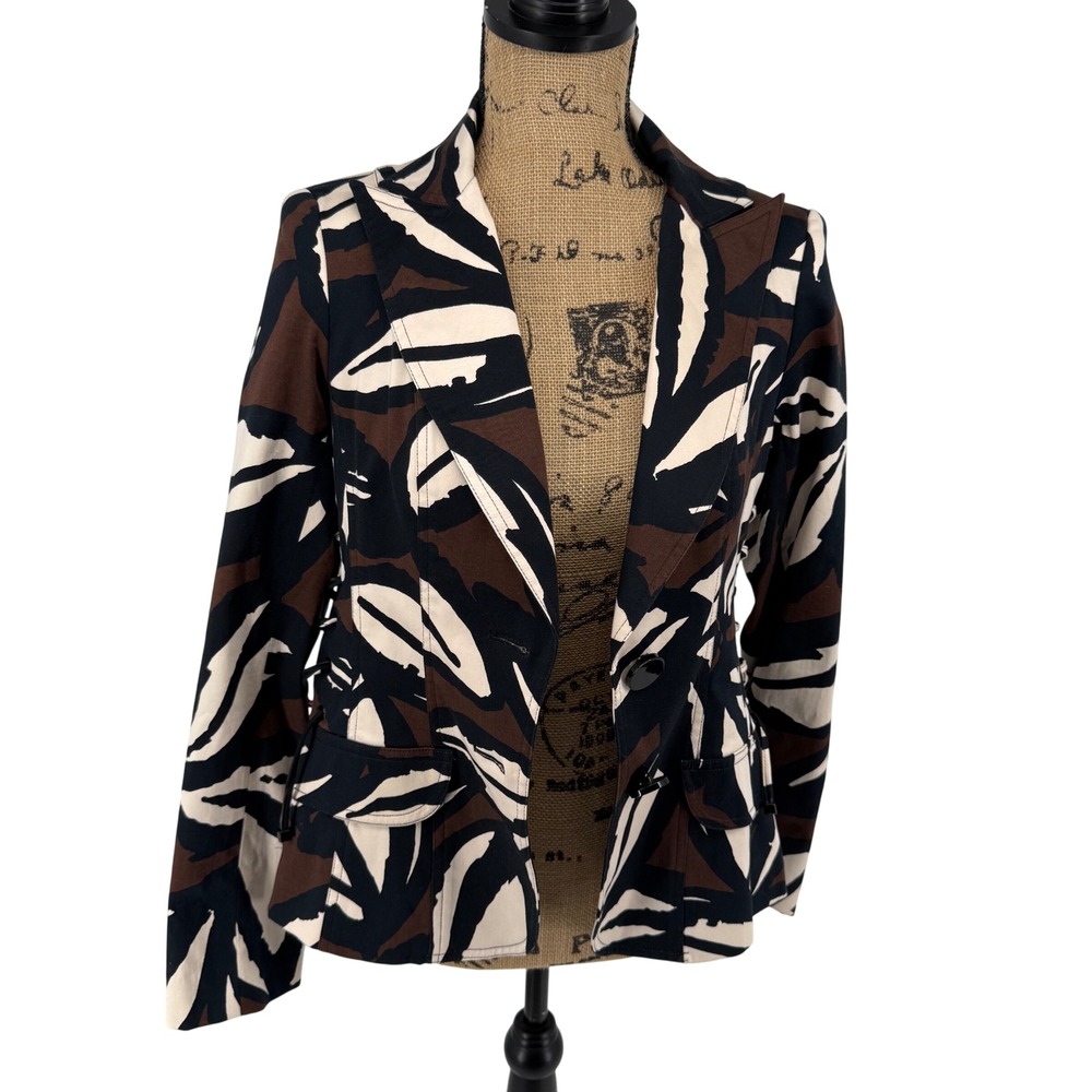 Cache‎ Blazer Jacket Small Abstract Print Fitted Side Laced Up Brown Black Ivory